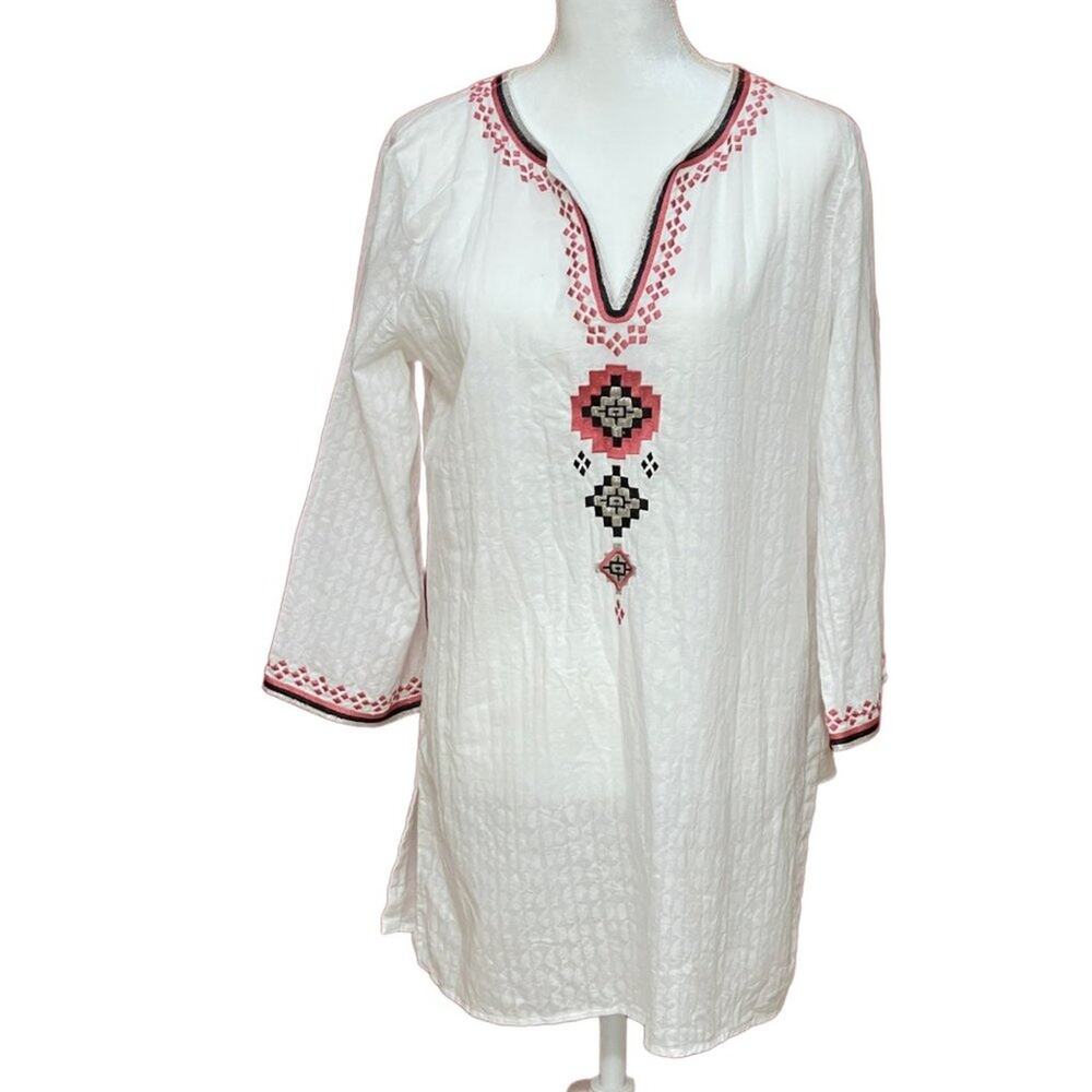 Sigrid Olsen Signature Embroidered Boho Long Sleeve V Neck Tunic Size Large